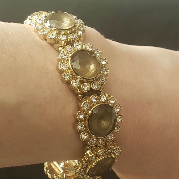 Gold Tone Stretch Bracelet Cabochons & Rhinestones - Picture 4 of 11